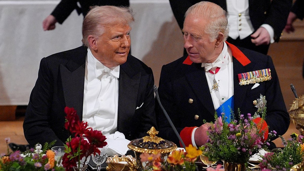 President Trump and King Charles in the middle of the conversation during the state dinner at Windsor Castle.