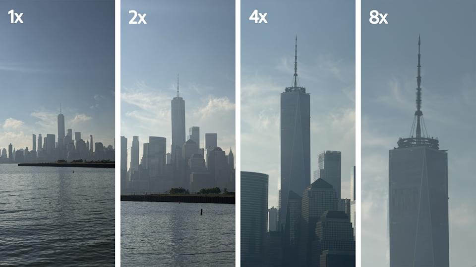 A composite of four pictures taken by the iPhone 17 Pro, showing the World Trade Center from across the Hudson River. The images are labeled 1x, 2x, 4x and 8x from left to right, with corresponding zoom levels on the pictures.