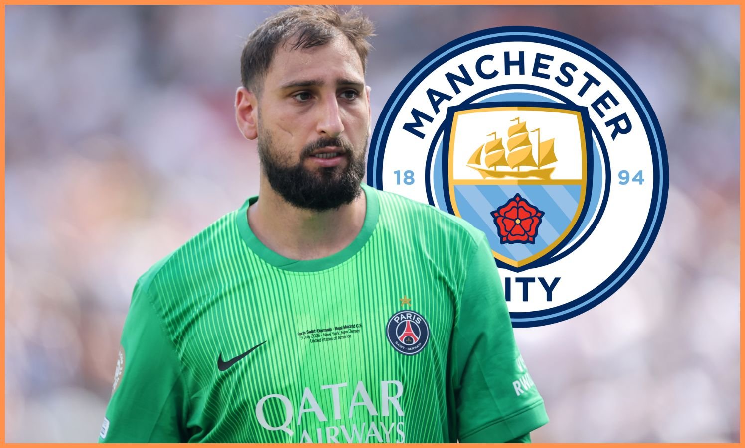 Paris Saint -Germain goalkeeper Gianluigi Donnarum and Manchester City logo