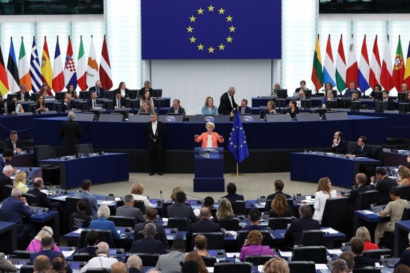 EU Commission President Ursula von der Leyen gives her annual State of the Union address during a plenary session at the European Parliament in Strasbourg, eastern France, on September 13, 2023.