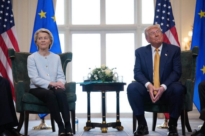 President of the European Commission Ursula von der Leyen meets with U.S. President Donald Trump at Trump Turnberry golf club on July 27, 2025 in Turnberry, Scotland.