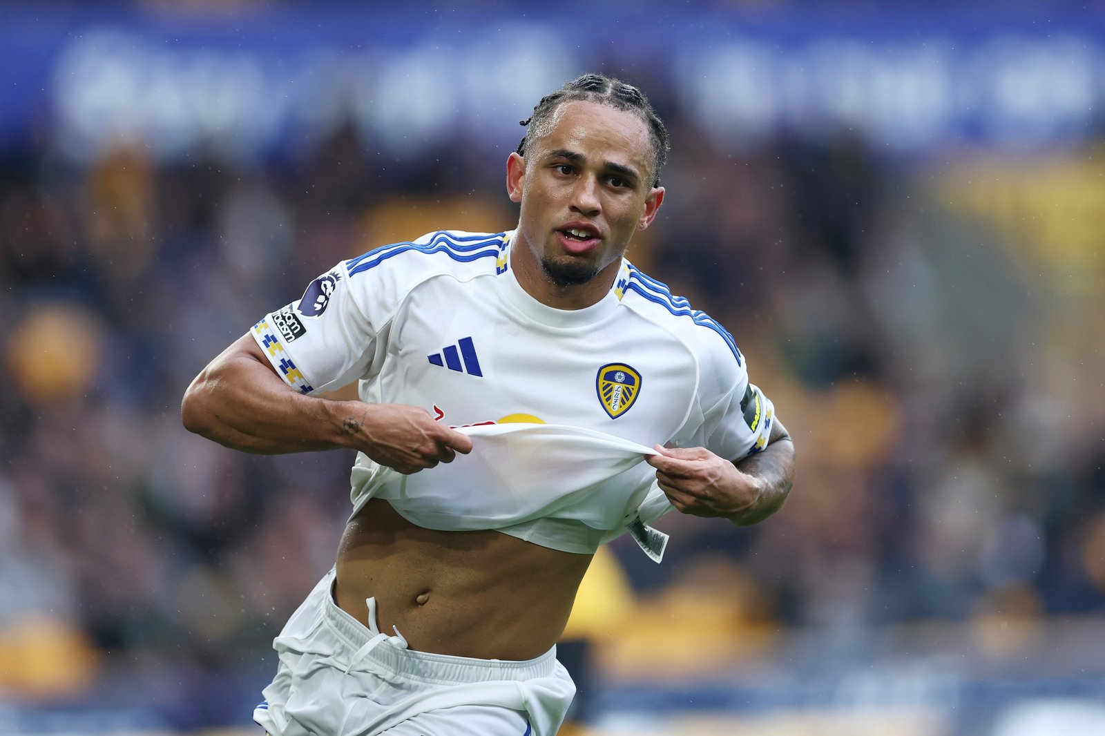 Noah Okafor from Leeds United celebrates the score of his third <a href=