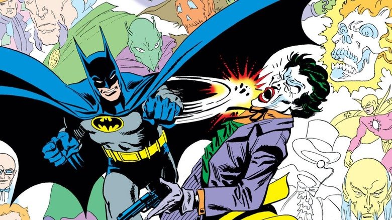 Batman puncture Joker with other bad guys such as Killer Moth and Scarrow in the background, as drew by Jim Aparo