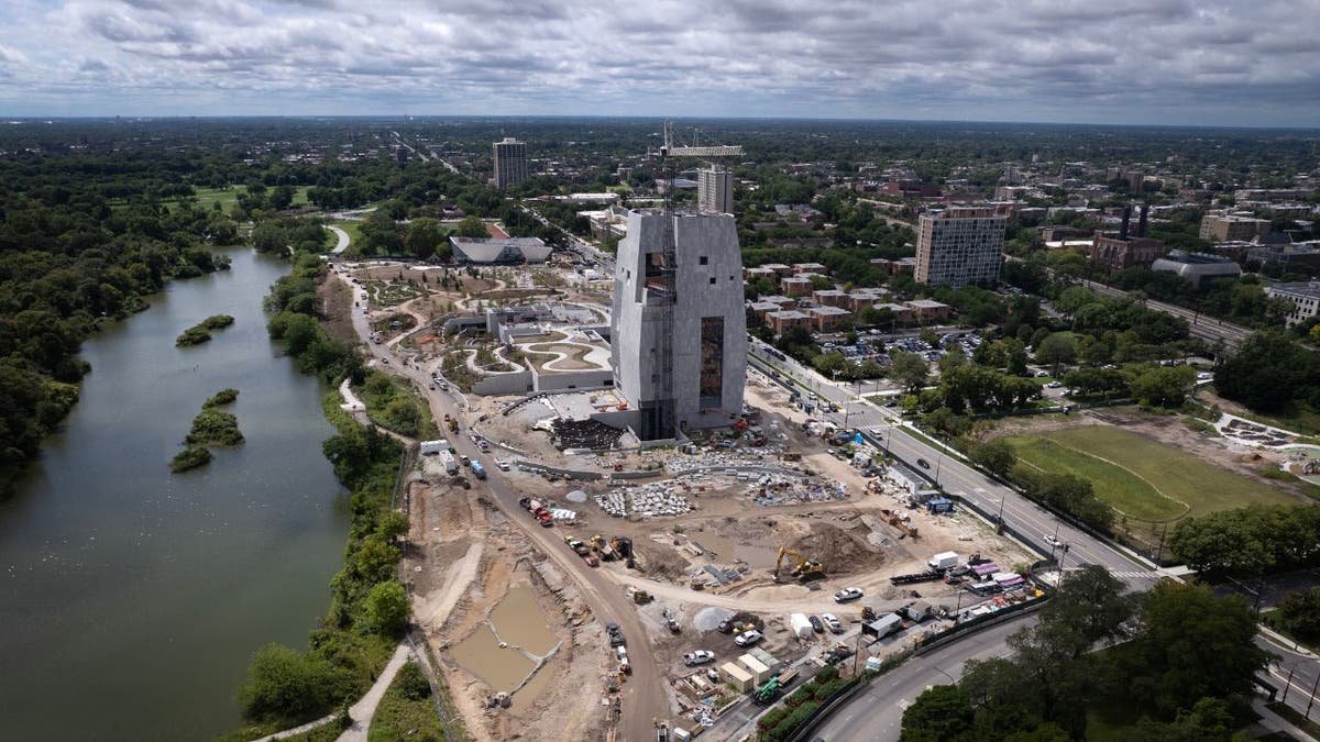 The aerial view of the construction of the Obama Presidential Center in Jackson Park, Chicago.