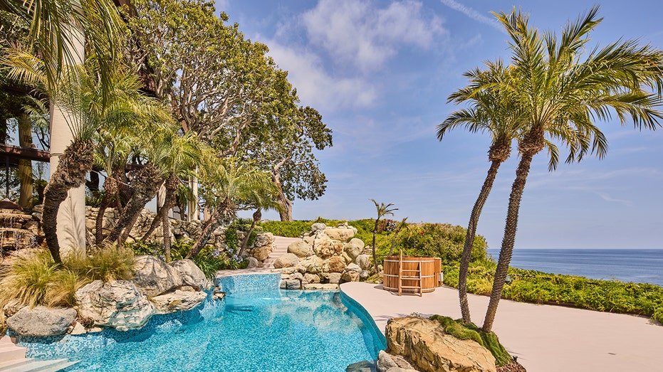 The swimming pool is lined with long trees and stone.