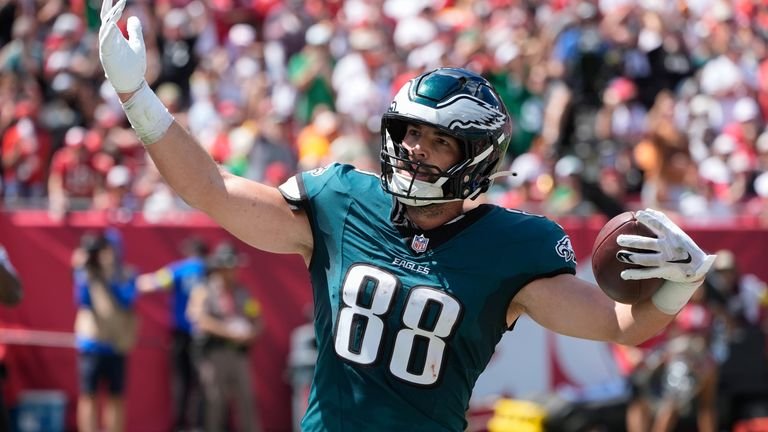 Philadelphia Eagles tight end Dallas Goedert (88) reacts after scoring a touchdown during the first half of an NFL <a href=