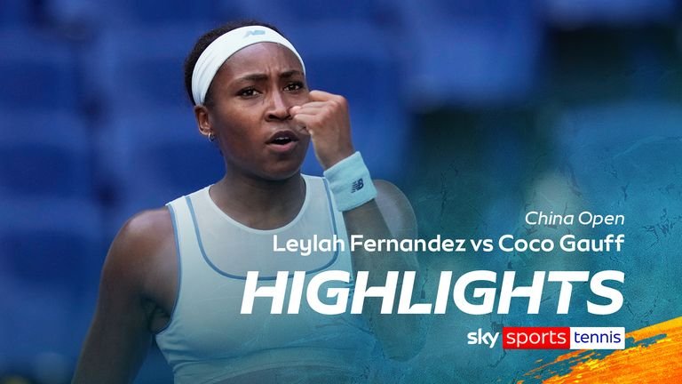 Coco Gauff interacts from the United States after scoring a point against Leylah Fernandez from Canada during an individual women's match at the China Open Tennis <a href=