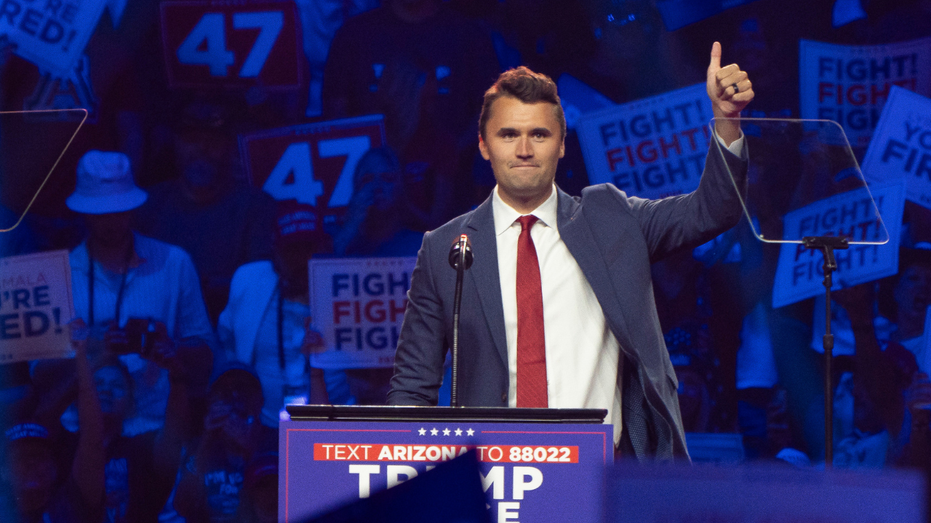 Charlie Kerk speaks during a Trump campaign gathering