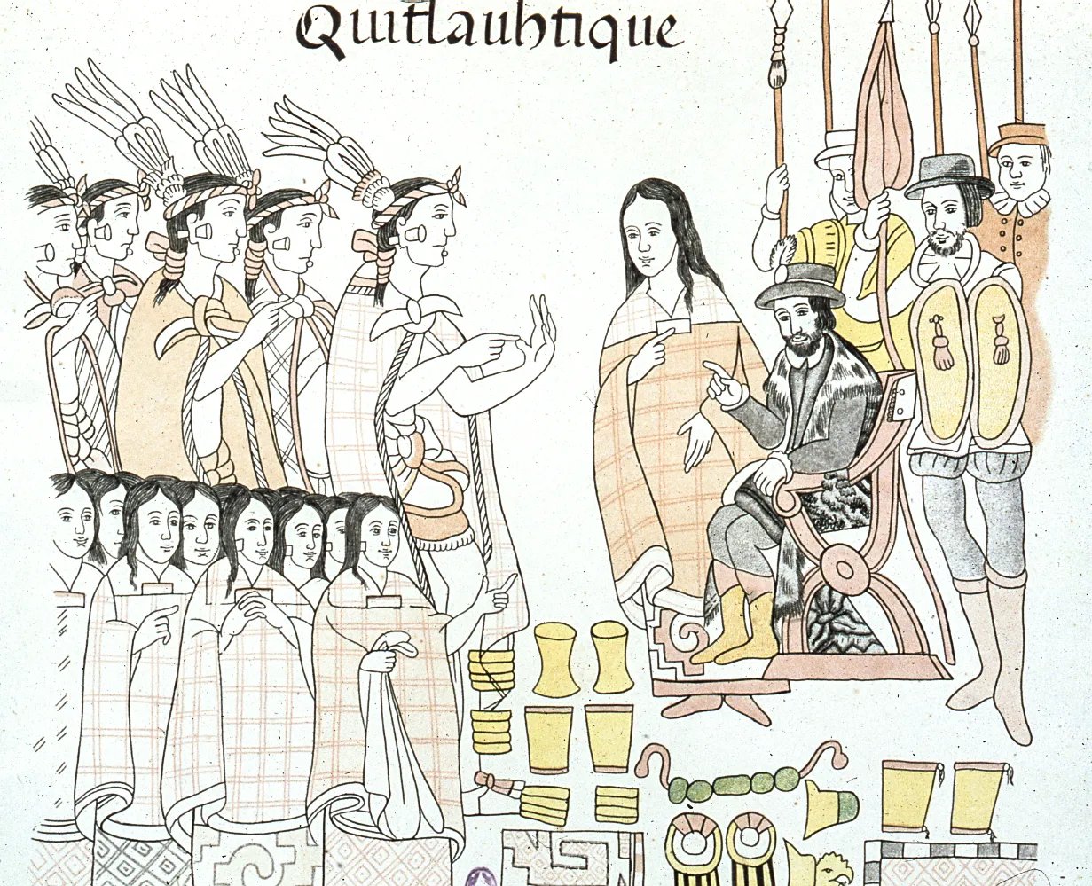 The clarification shows many Aztec that interact with the Spaniards sitting and the other Spaniards with shields and spears.