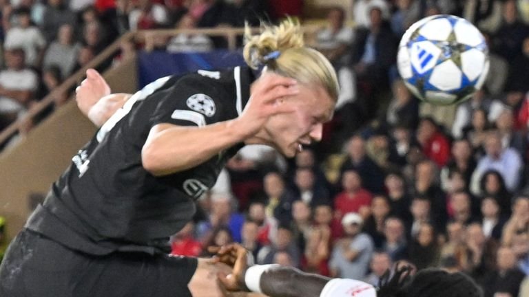 Erling Haland from Manchester City scores his second goal against Monaco