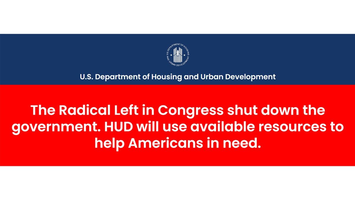 A banner from the US Housing and Urban Development (HUD) is blaming the Democrats to close the government.