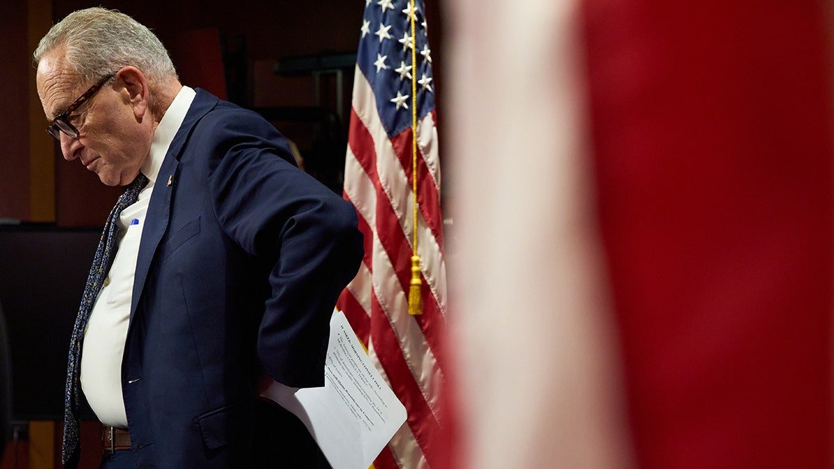 Chuck Schumer looks at the ground and hands on the hips
