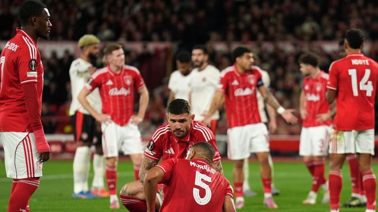 Morillo of Nottingham Forest was injured during the UEFA match against FC Midtjylland
