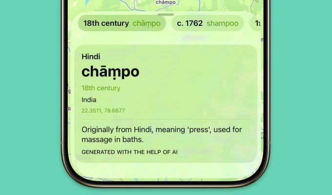 Screen snapshot of the search application with a map show showing the origin of the word.