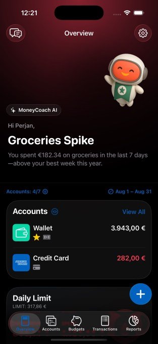 A screenshot of the MoneyCoach Financial Track app, where the screen displays a summary of accounts and shows a weekly vision on groceries for this week. 