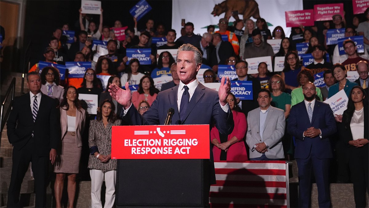 California Governor Gavin New Roosom speaks at the re -division event