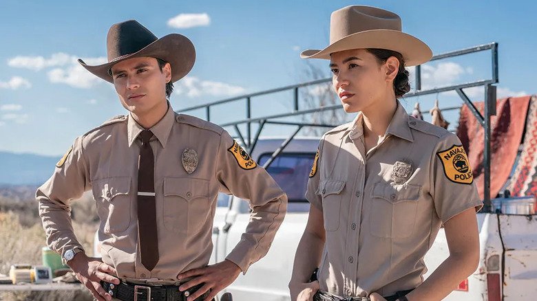 Kiaa Gordon in the role of Jim Che and Jessica Mattten in the role of Bernadette Manoito wears cowboy caps in dark winds