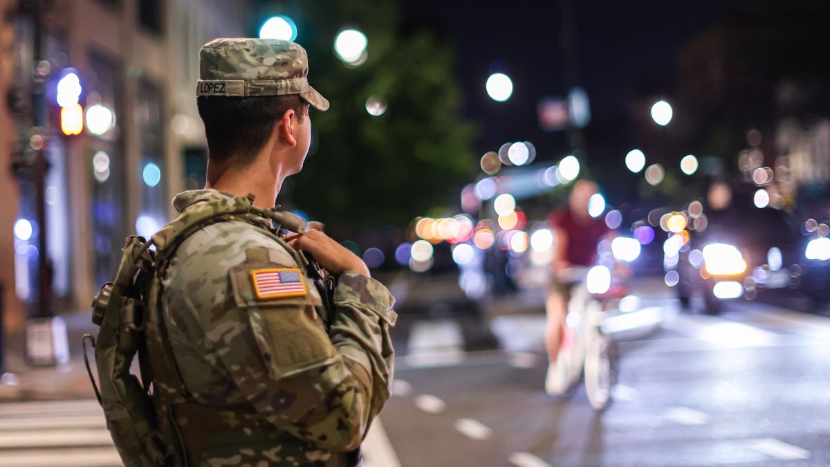A member of the National Guard participates in a patrol in Washington, DC