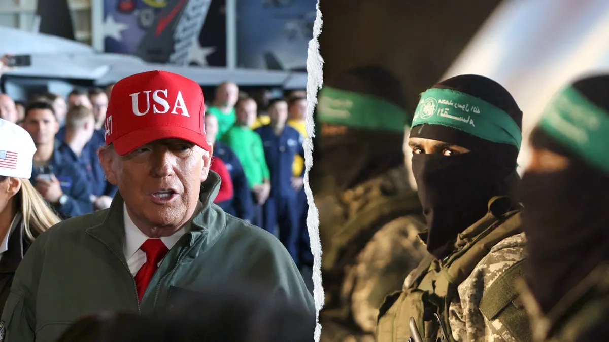 A picture of US President Donald Trump next to an armed soldier in Hamas