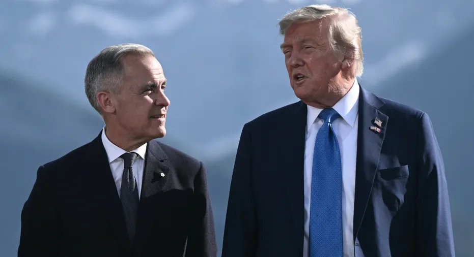Canadian Prime Minister Mark Carney (L) and President Donald Trump will put a photo during the Group Group Summit at the Kananascis Rural Golf Stadium in Kananascis, Alberta, Canada on June 16, 2025.