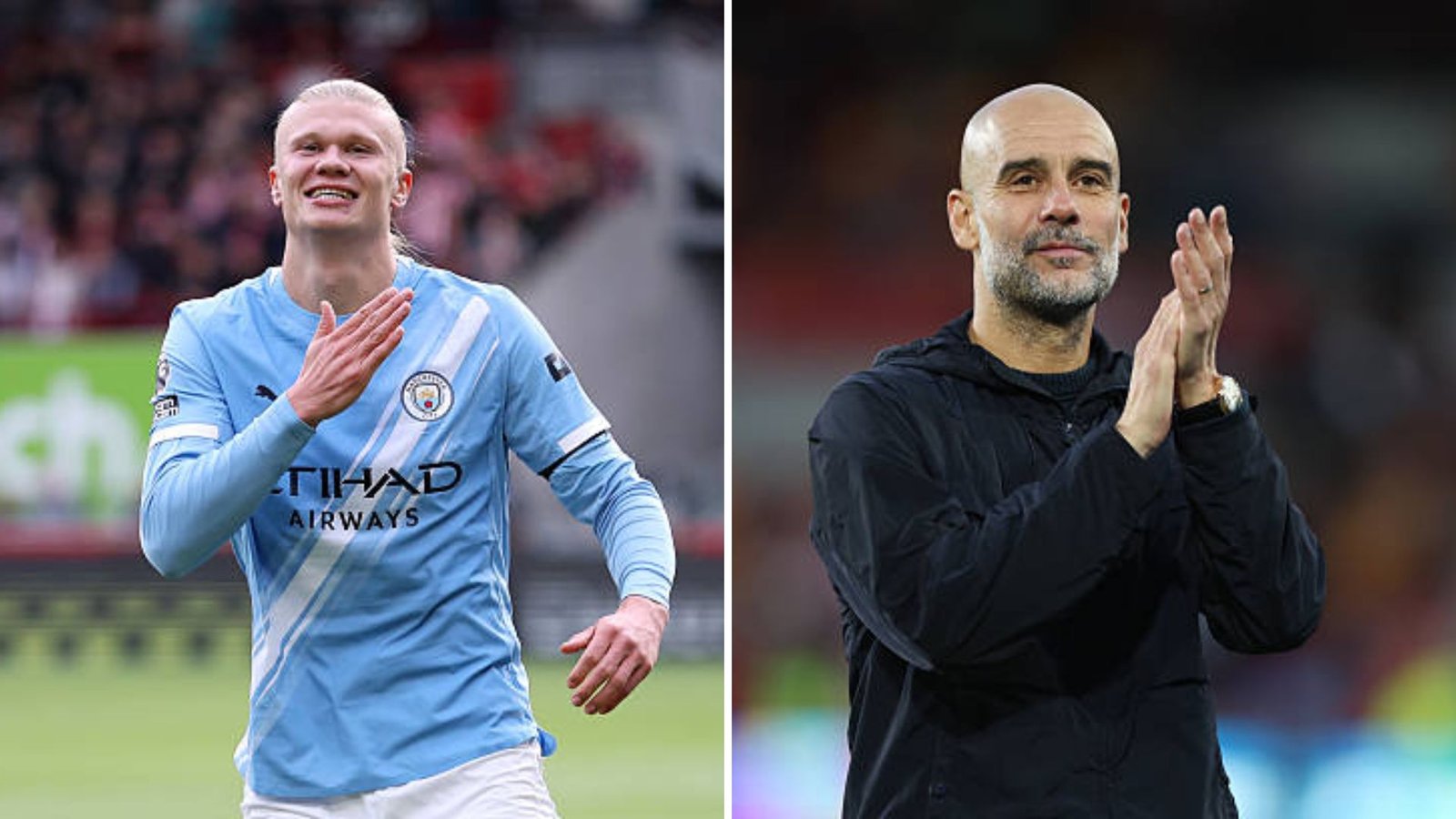 A picture of Erling Haland celebration and Pep Guardiola built the fans