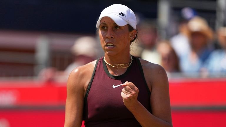 Madison Keys interacts with the United States, where she won a point against Russia's Diana Schneider during the Ladies' Senior Final match at the Queens Championship, Grass Court <a href=