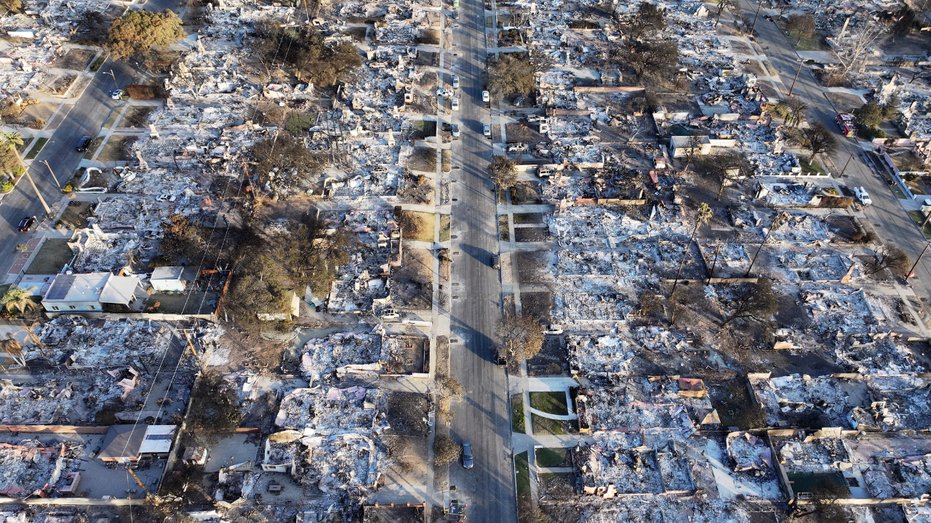 An aerial view of destroyed homes in California after the fire
