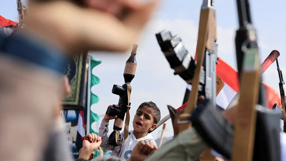 A boy holding a toy gun is surrounded by protesters carrying rifles.