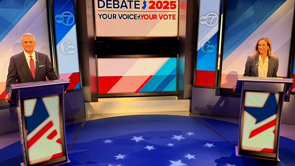 Mickey Sherrill and Jack Ciattarelli on the discussion stage