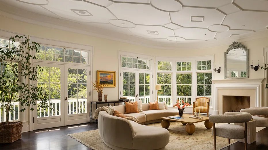 The living room features a wood-burning fireplace and a geometric ceiling.