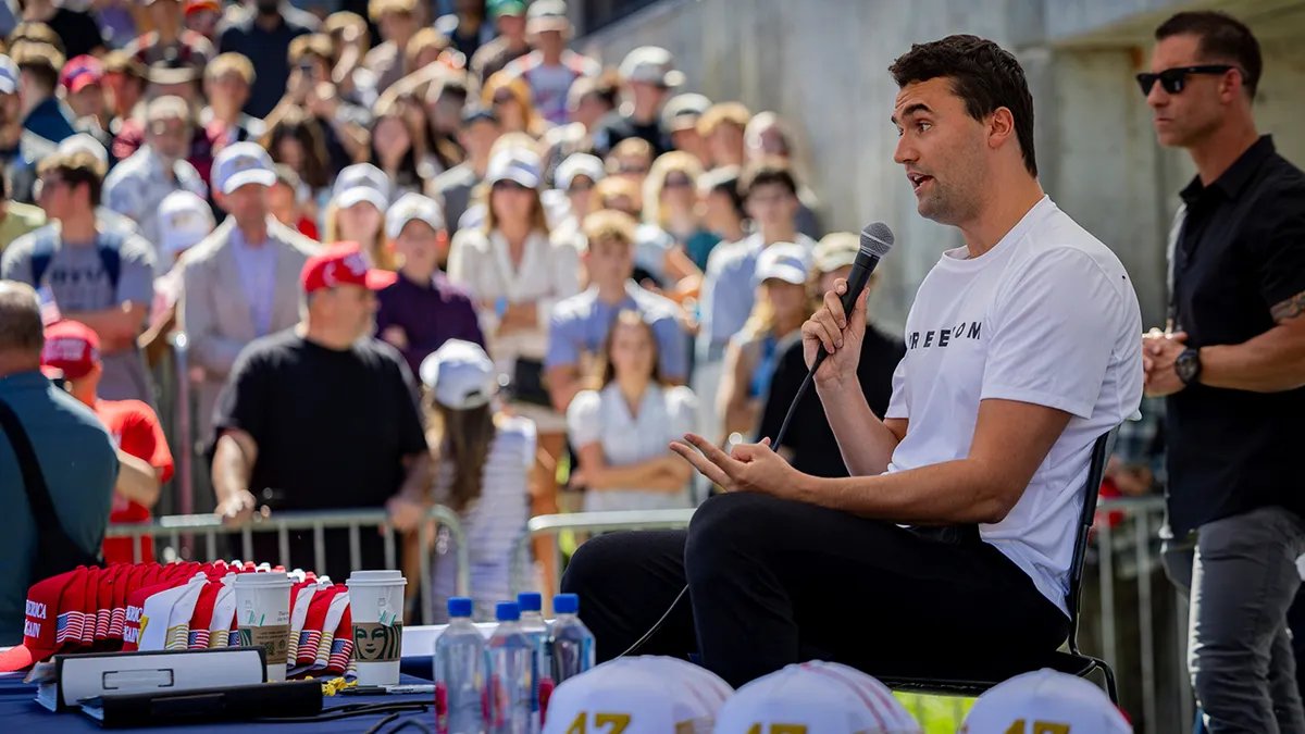 Charlie Kirk speaks to the audience just before he is shot