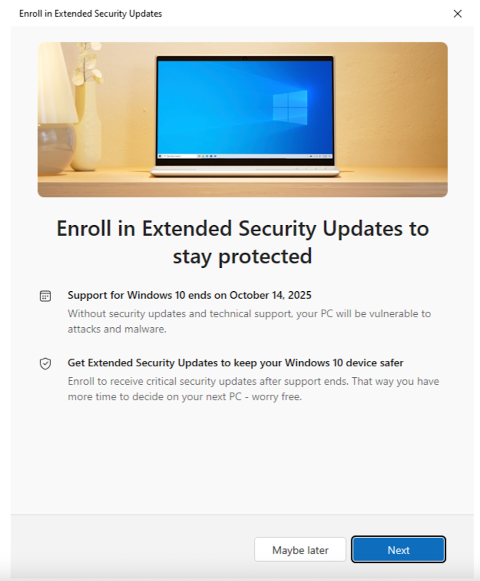 By signing up for Extended Security Updates, you'll have another year before you need to upgrade to Windows 11. (Screenshots/Engadget)