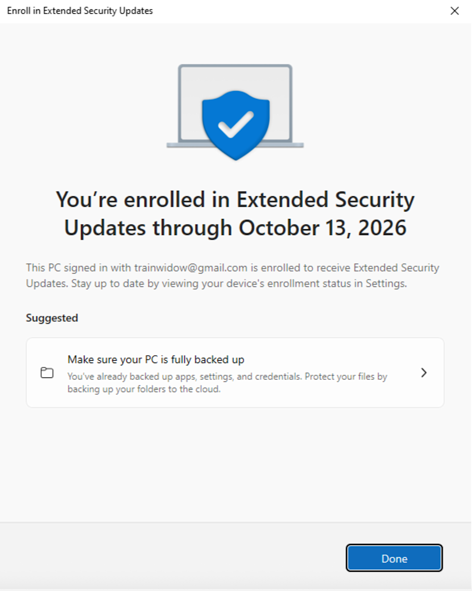 This confirms that you are registered with ESU until October next year. (Screenshot/Engadget)