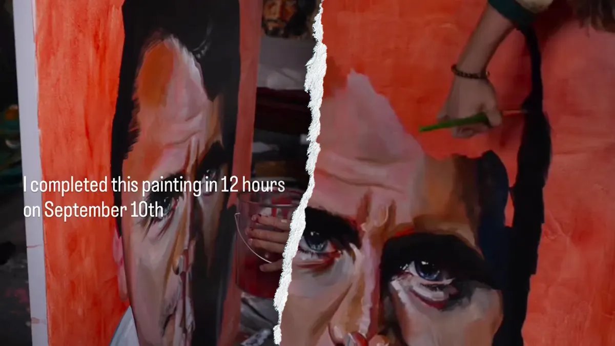 Split image of Sam Ryan drawing Charlie Kirk