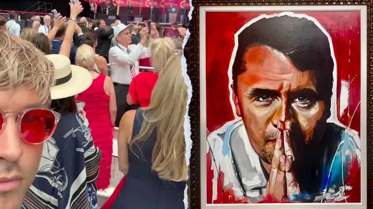 Split photo of Sam at the memorial, photo of Charlie Kirk.