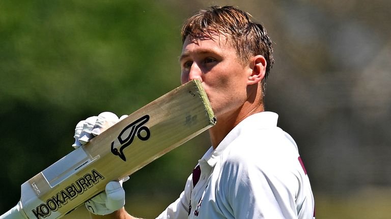 Marnus Labuschagne celebrates his Sheffield Shield century for Queensland against Tasmania in October 2025 (Getty Images)