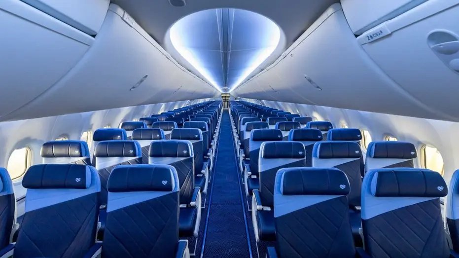 Southwest Airlines Boeing 737 MAX 8 interior with new blue RECARO seats and lighting.