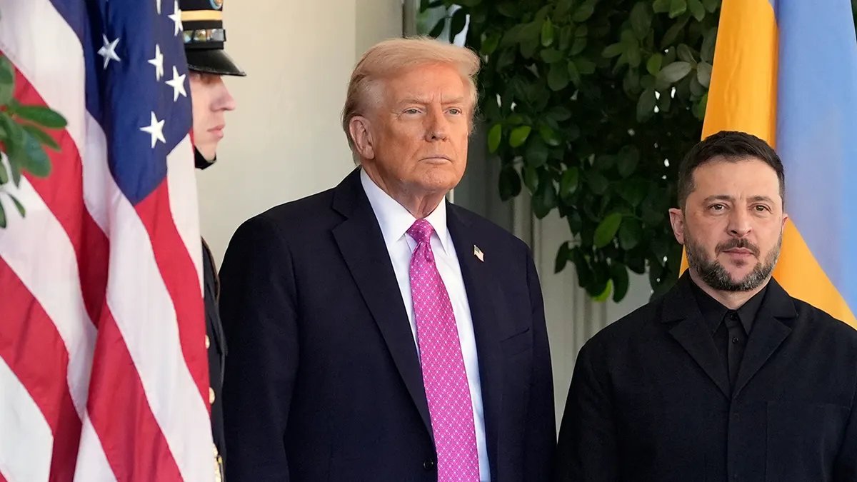 President Donald Trump and Ukrainian President Volodymyr Zelensky stand outside the White House