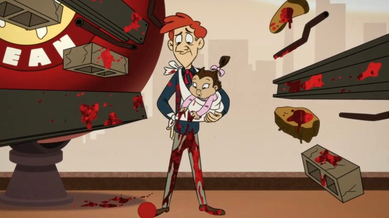 Simon carries Laser Baby in a sling into a room full of bloody debris in The Boys: Diabolical