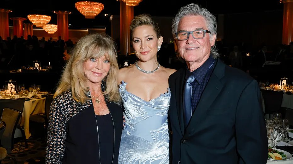 Goldie Hawn, Kate Hudson, and Kurt Russell at the Will Rogers Motion Picture Dinner in October 2025.