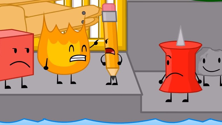 Cube, Fire, Pencil, Pin and Rocky in the Battle of Dream Island