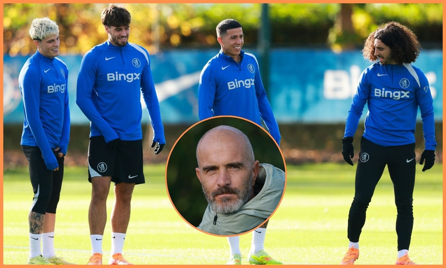 Marc Guyot in training at Chelsea, and Enzo Maresca