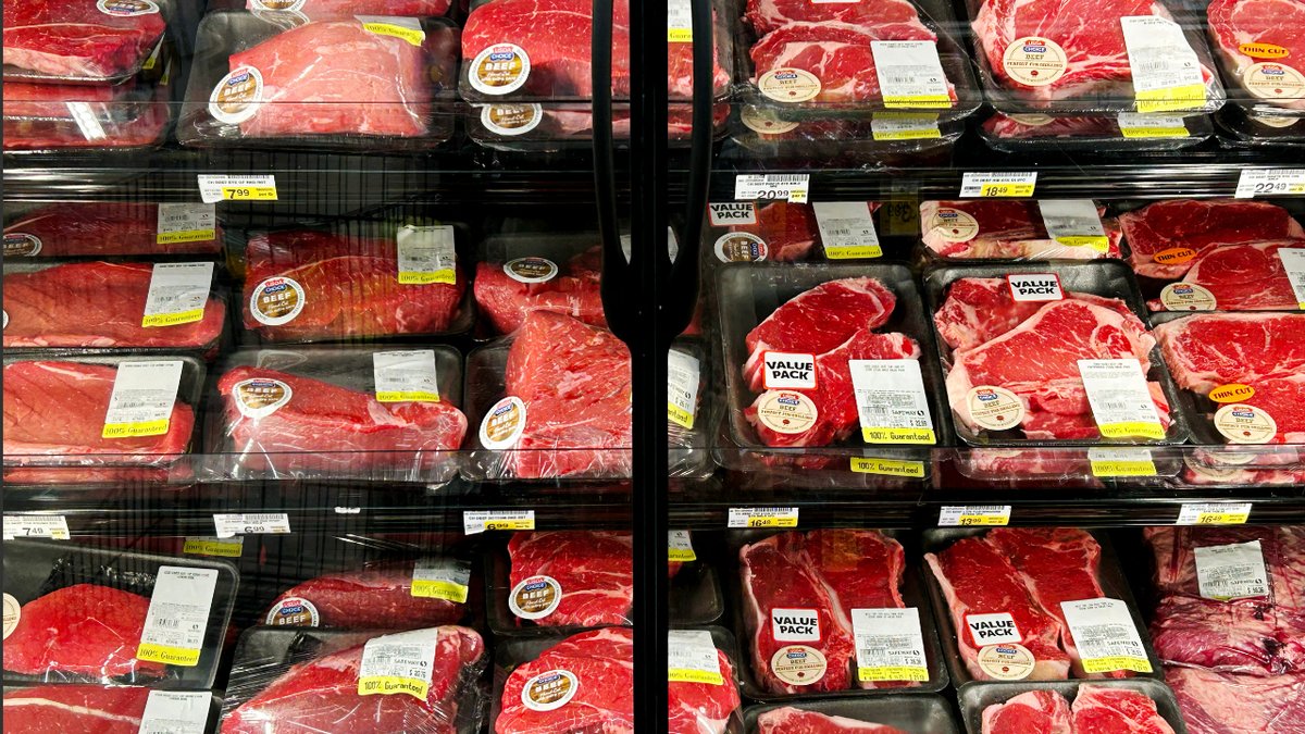 Beef appears in the refrigerator inside a grocery store in Maryland