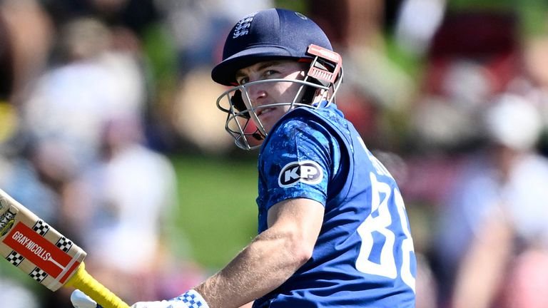 England player Harry Brook hits during a one-day international match (Associated Press)
