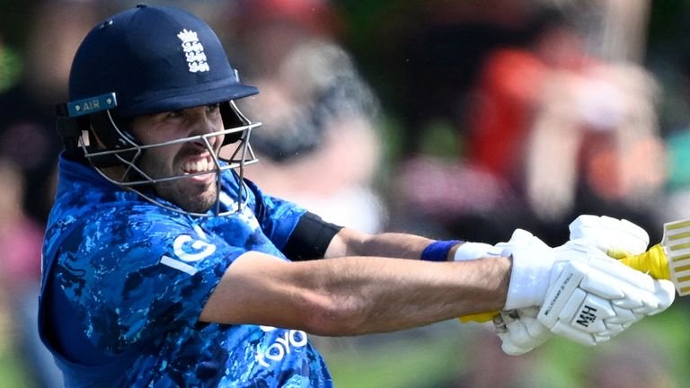 England international Jamie Overton bats during a one-day international match (Associated Press)