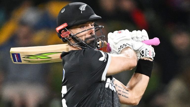 New Zealander Darryl Mitchell bats during a one-day international match (Associated Press)