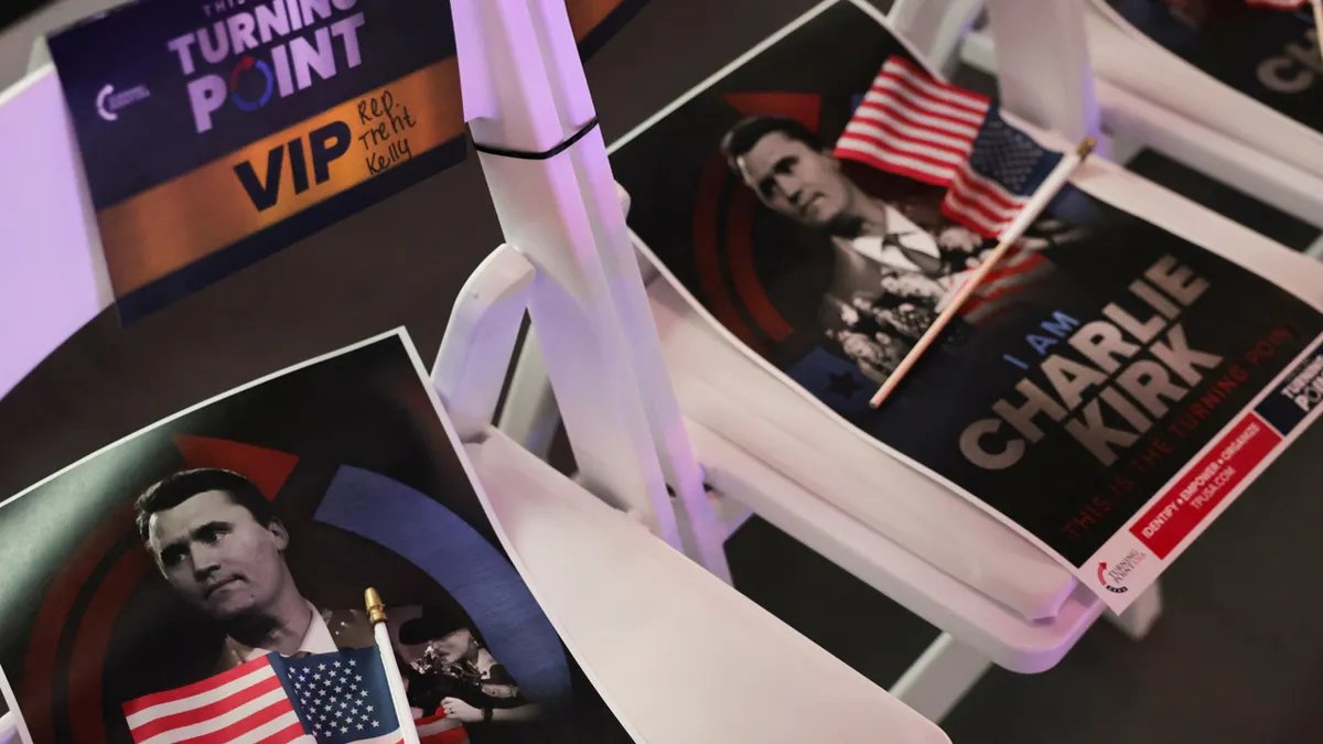 Memorial posters for Charlie Kirk at Ole Miss' TPUSA event