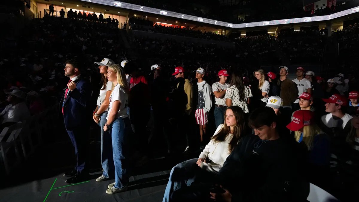 Students line up to ask questions of Vice President J.D. Vance during an Ole Miss TPUSA event