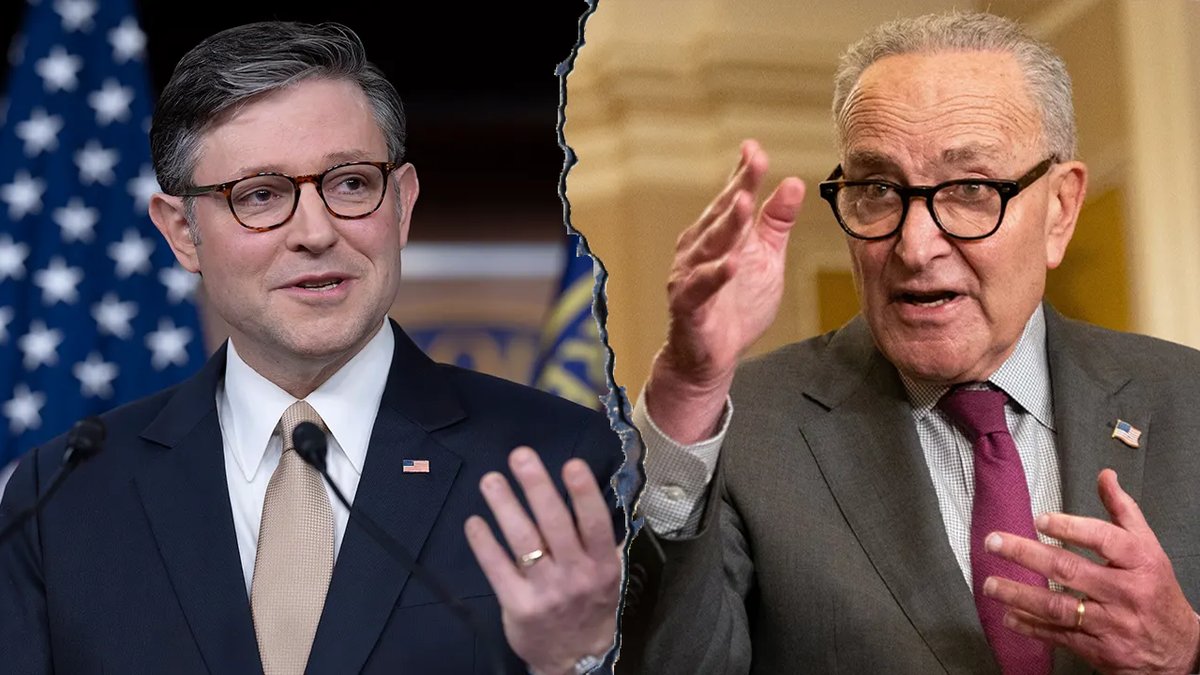 Split photo of Speaker Mike Johnson and Leader Chuck Schumer