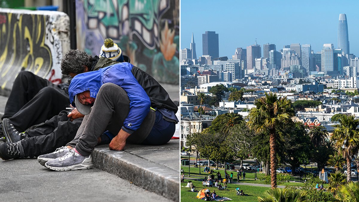 Split image of homeless people in San Francisco and the San Francisco skyline